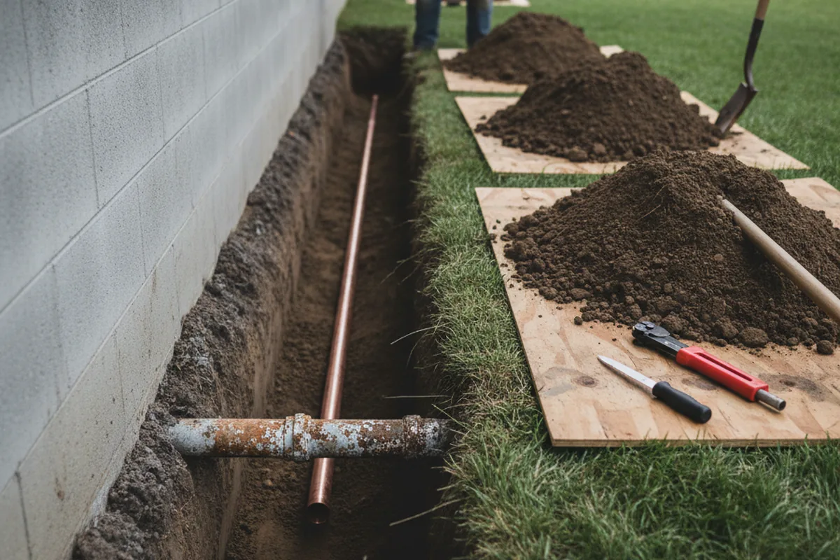 Excavated water line trench during Sewer Line Repair in Monrovia
